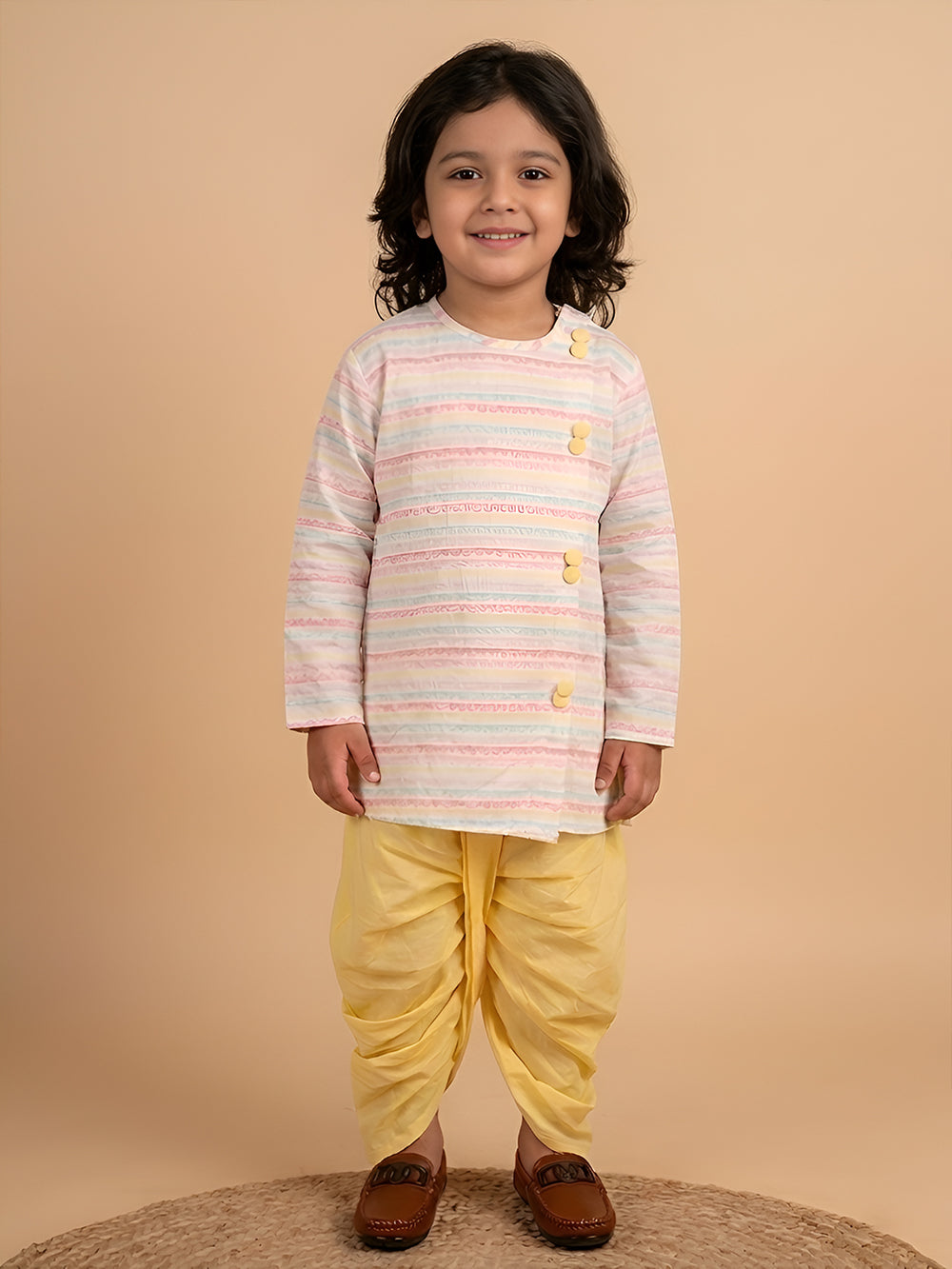 Polka Tots Full Sleeve Stripe Angrakha With Dhoti - Yellow