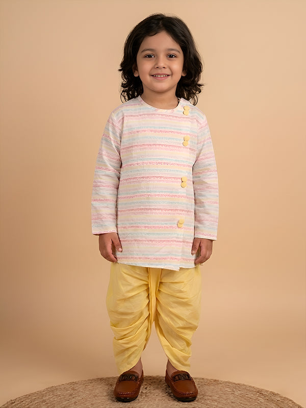 Polka Tots Full Sleeve Stripe Angrakha With Dhoti - Yellow