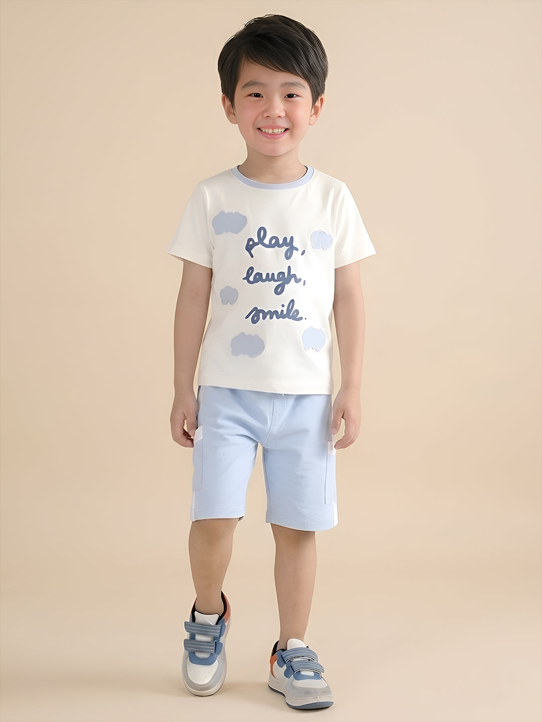 Polka Tots Half Sleeves Play, Laugh & Smile Print T-Shirt Shorts - White and Blue
