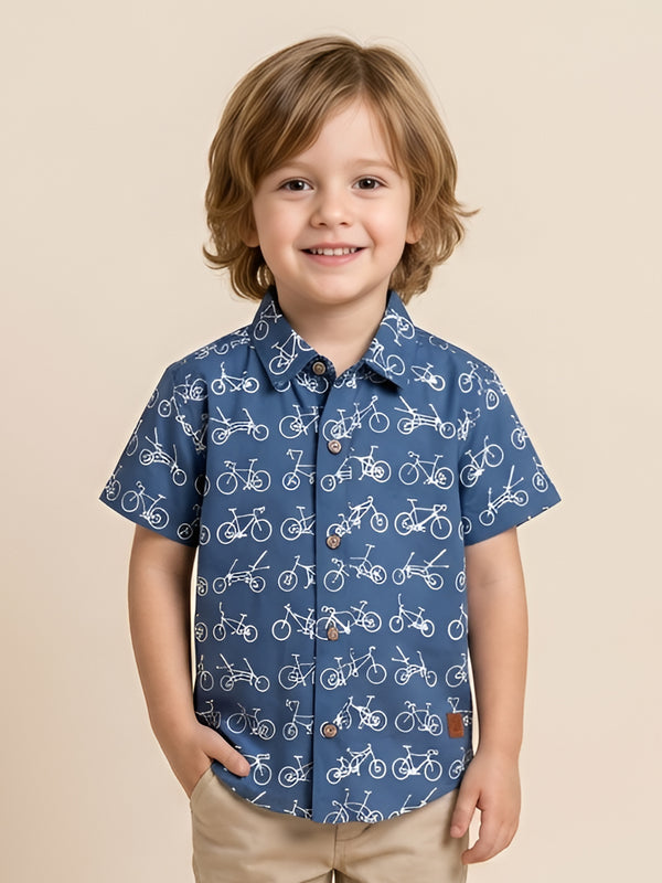 Polka Tots Half Sleeve Shirt Cycle Print - Blue