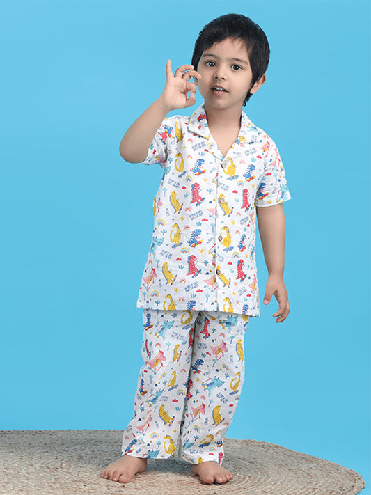 Polka Tots Half Sleeve Dinosaur print Night Suit - Multicolor