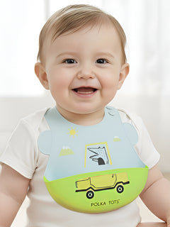Polka Tots Waterproof Silicone Bibs with Pocket and Adjustable Snaps (Green Car)