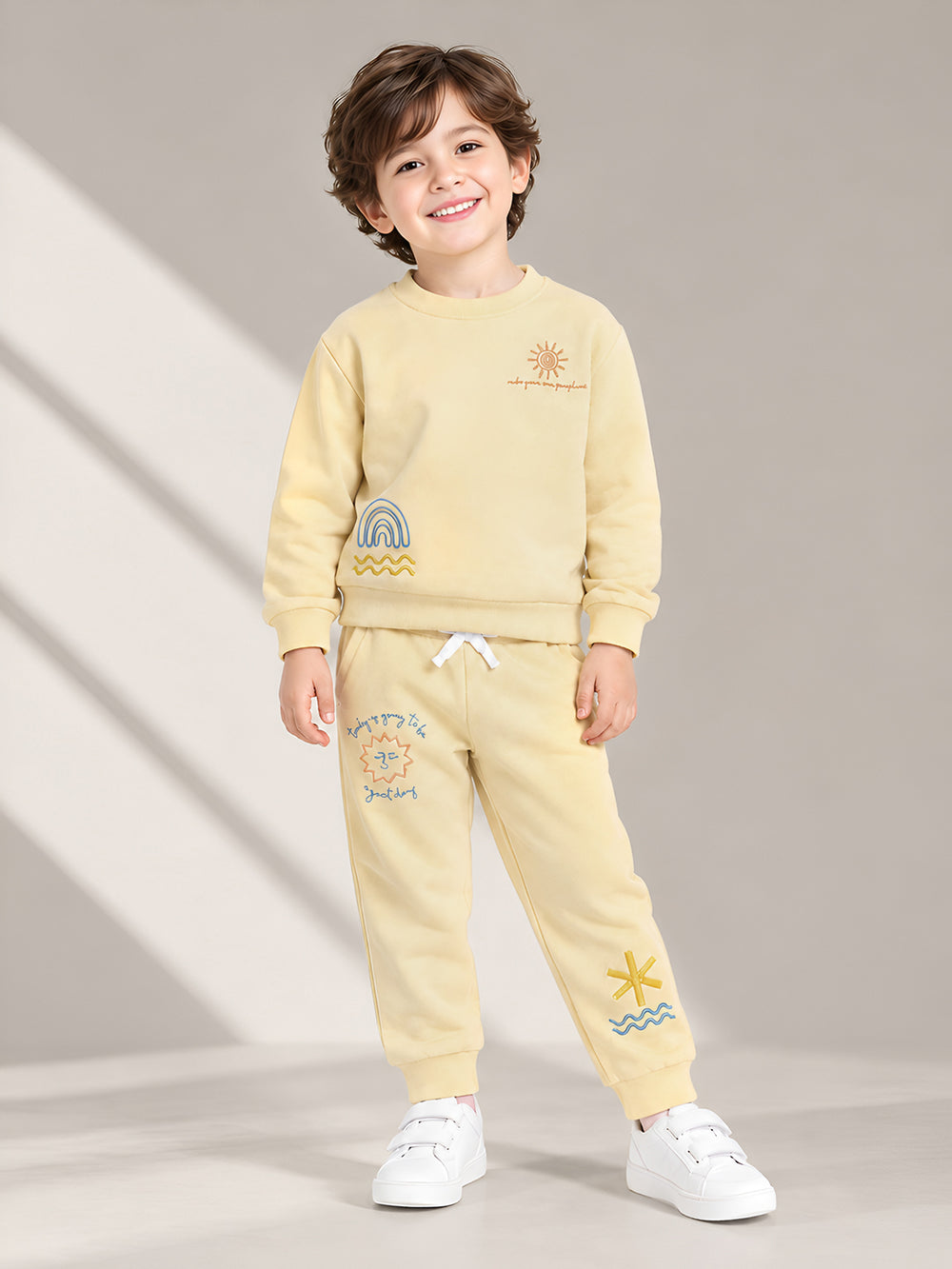 Polka Tots Full Sleeve Sunshine & Rainbow Embroidered Co-ord Jogger Set – Cream
