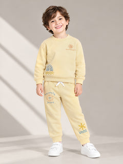 Polka Tots Full Sleeve Sunshine & Rainbow Embroidered Co-ord Jogger Set – Cream