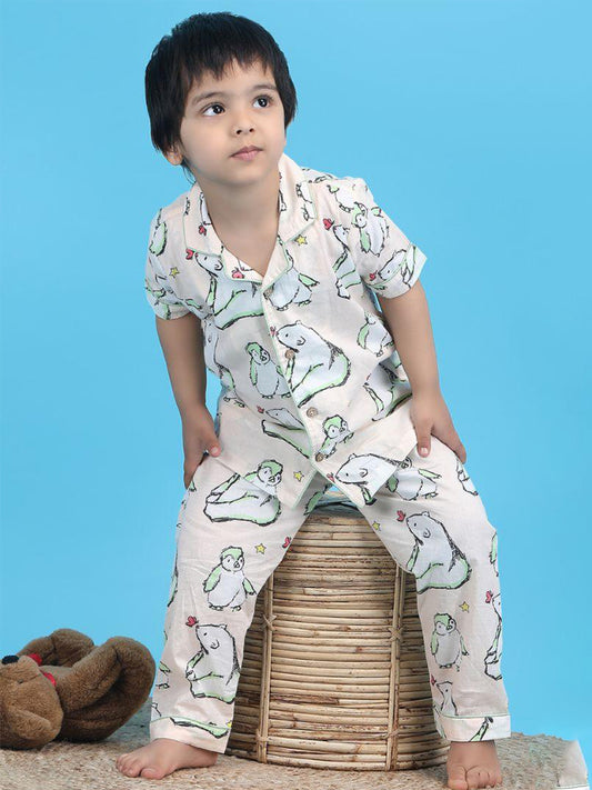 Polka Tots Half Sleeve Bear and Penguin print Night Suit - Peach
