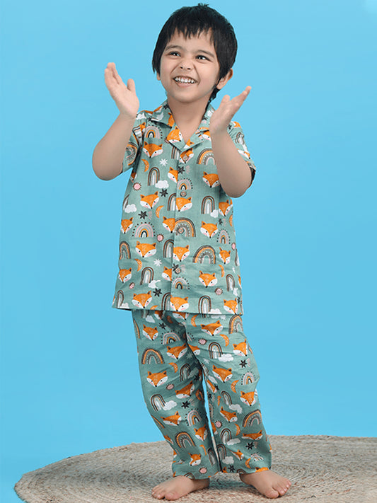 Polka Tots Half Sleeve Fox print Night Suit - Green