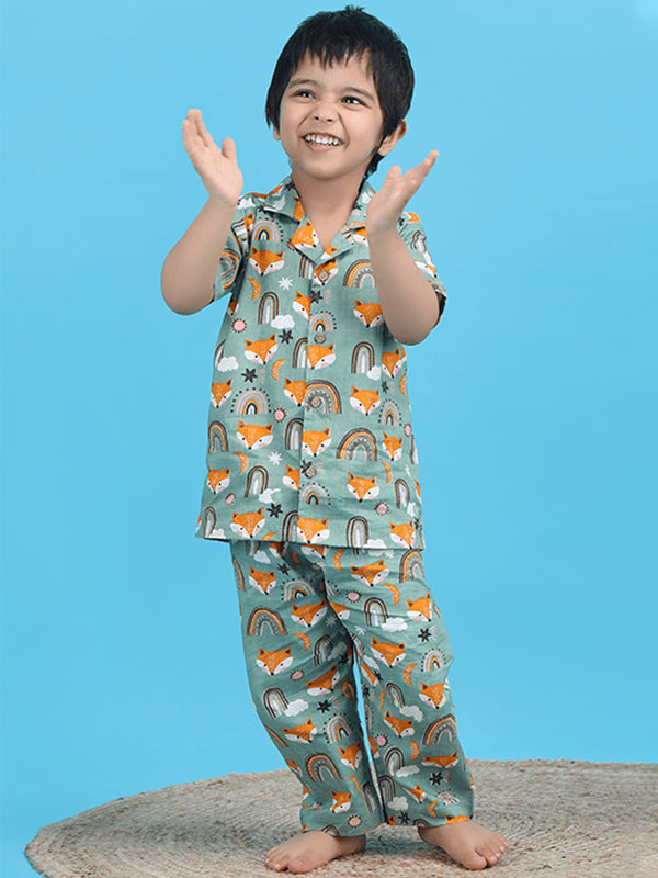 Polka Tots Half Sleeve Fox print Night Suit - Green