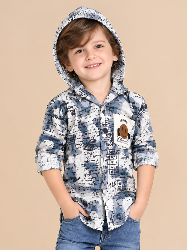 Polka Tots Full Sleeves Abstract Scribble Print Hooded Kids Shirt with Smiley Patch - Blue