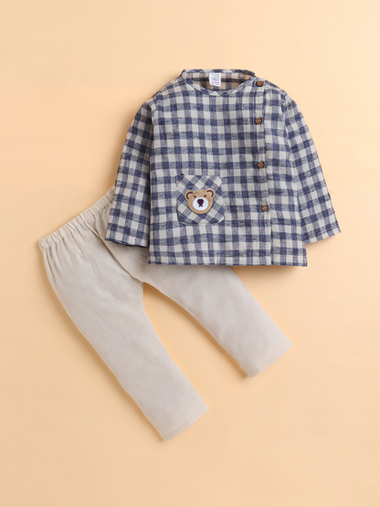 Polka Tots Soft Cotton Full-Sleeves Teddy Pocket Gingham Jhabla & Pant Set - Blue