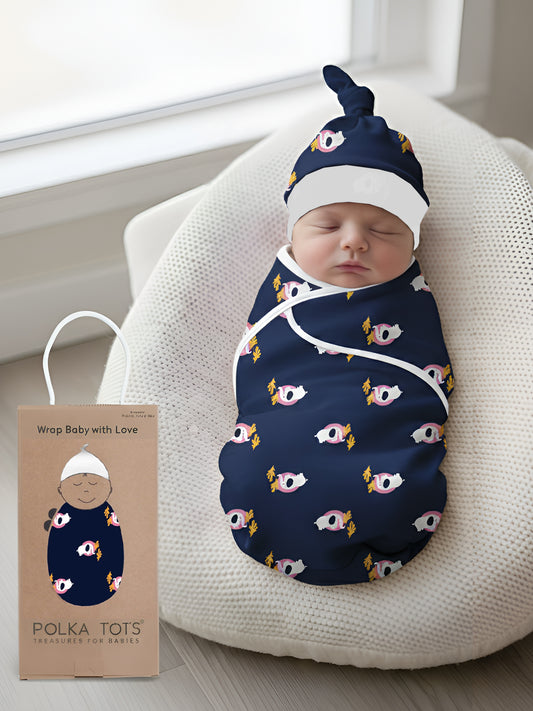 Polka Tots Elephant Print Swaddle wrap with Cap - Navy
