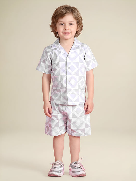 Polka Tots Half Sleeves Geometric print Co-ord Shorts - Grey