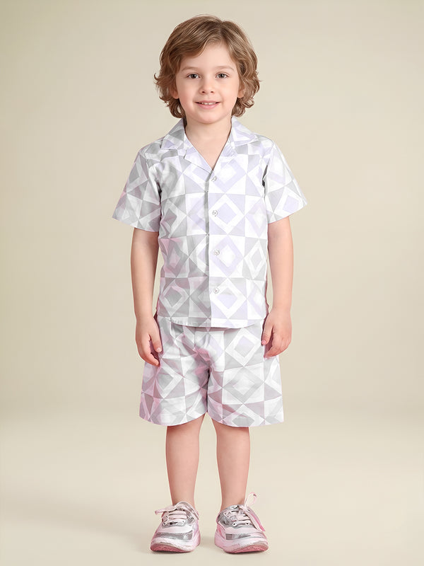 Polka Tots Half Sleeves Geometric print Co-ord Shorts - Grey