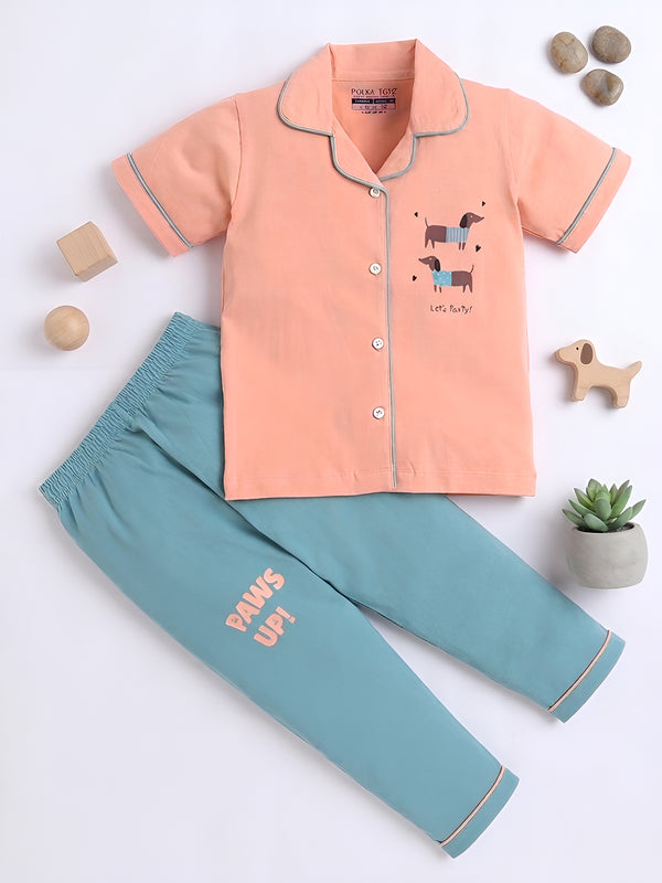 Polka Tots Half sleeves Dog Party Print Night Suit - PEACH