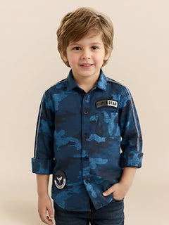 Polka Tots full sleeves shirt military print camouflage  patch  - Blue