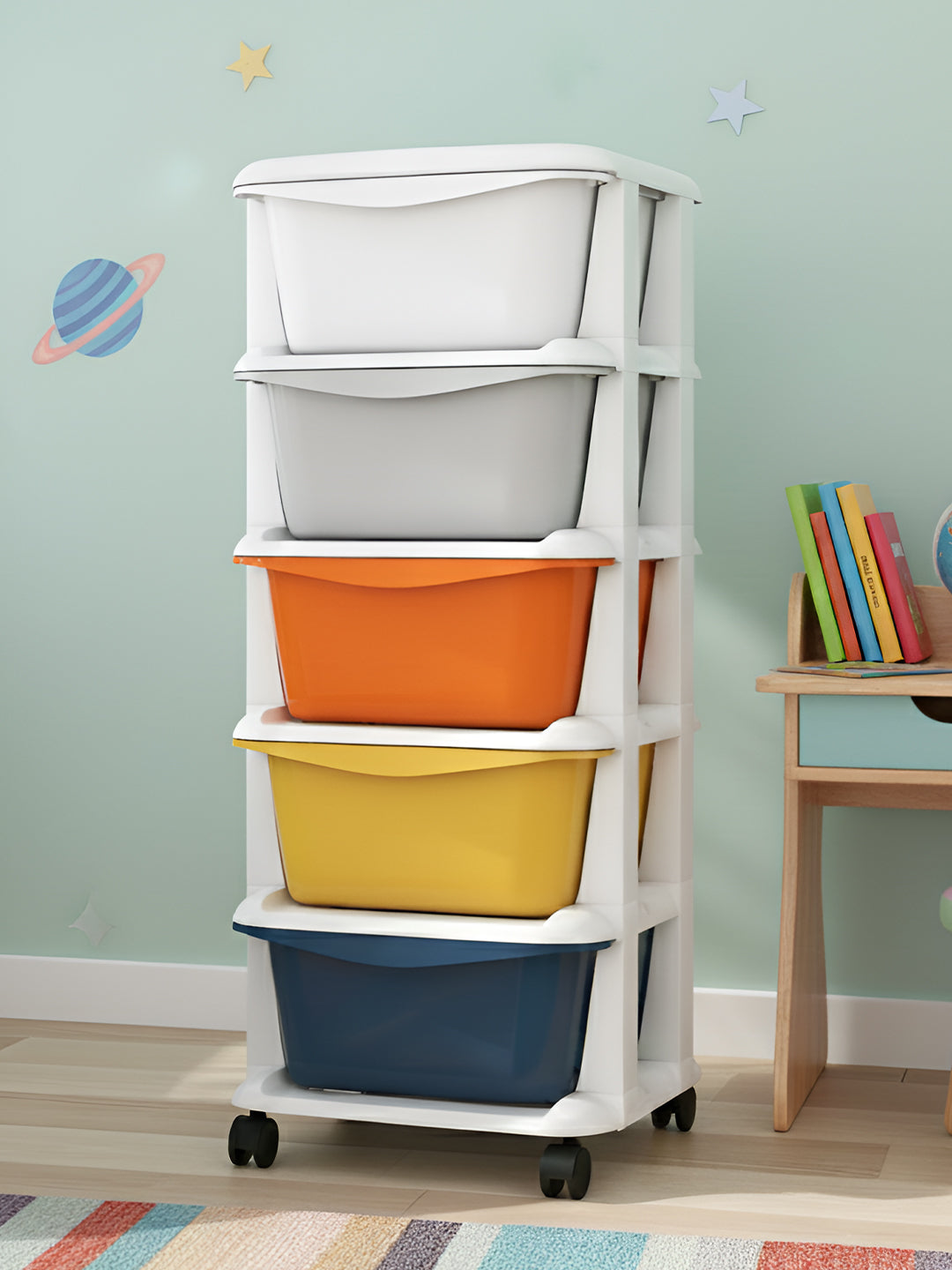 White storage tower with colorful bins against a light green wall.