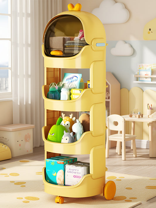 Yellow children's toy storage cart with wheels in a room with toys and furniture.