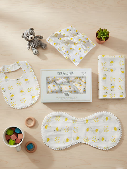 Polka Tots Newborn Pack of 5 100% Soft Double-Layer Muslin Cotton Essentials Gift Box – Jumbo Jr. Print