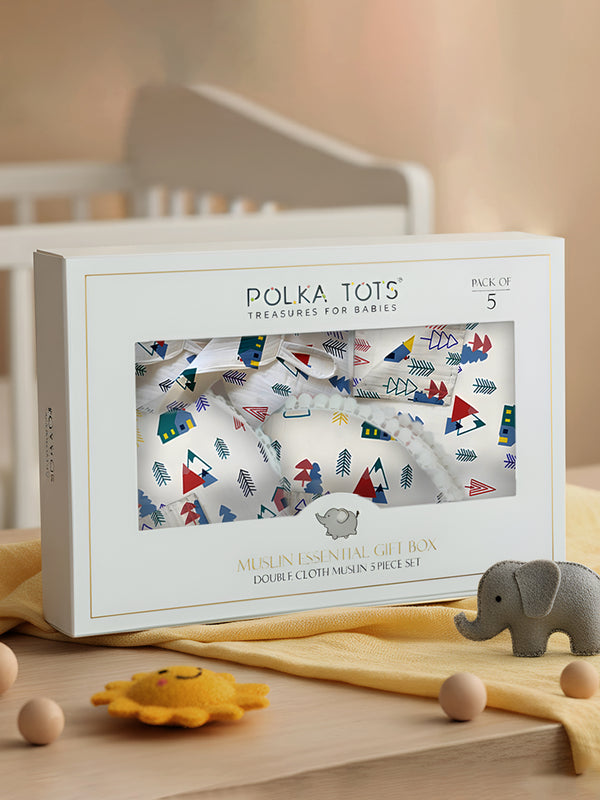 Polka Tots Newborn Pack of 5 100% Soft Double-Layer Muslin Cotton Essentials Gift Box – Tiny Town Print