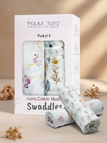 Polka Tots 100% Cotton Muslin Swaddles packaging with two swaddles on a beige background