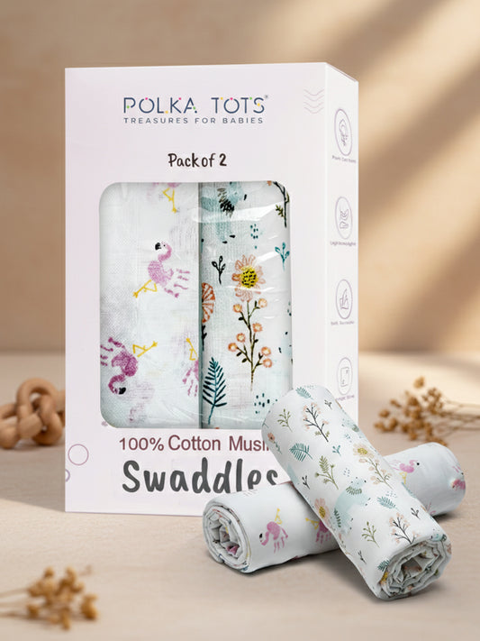 Polka Tots 100% Cotton Muslin Swaddles packaging with two swaddles on a beige background