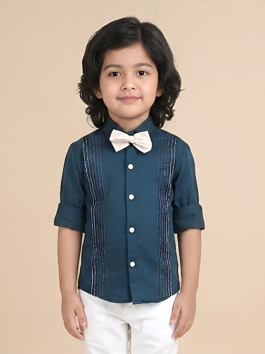 Polka Tots Full sleeves Lining shirt with Bow - Navy Blue