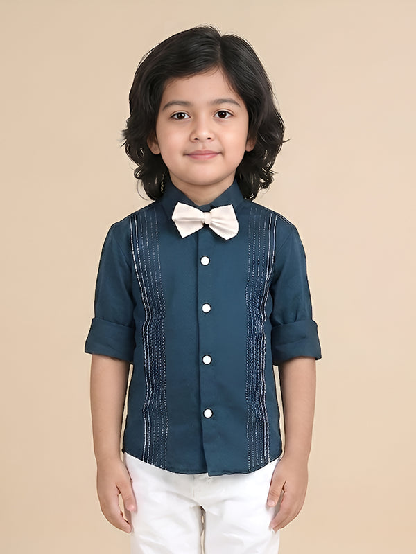 Polka Tots Full sleeves Lining shirt with Bow - Navy Blue