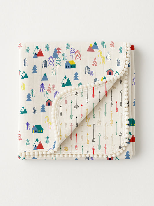 Polka Tots 100% Soft Muslin Cotton 3-Layer Reversible Baby Blanket/Dohar with Pom-Pom Lace - Tiny Town and Cupid Print