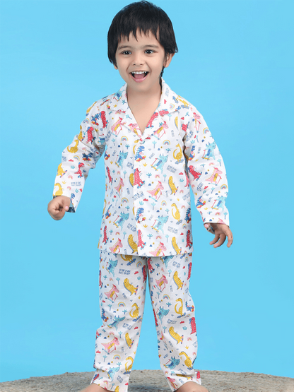 Polka Tots Full sleeves Dinosaur print Night Suit - White