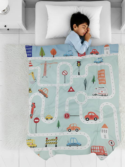 Polka Tots Kids Comforter Baby Blanket and Reversible Quilt 2 Way Design ( Roadway,54 x 35 Inch )