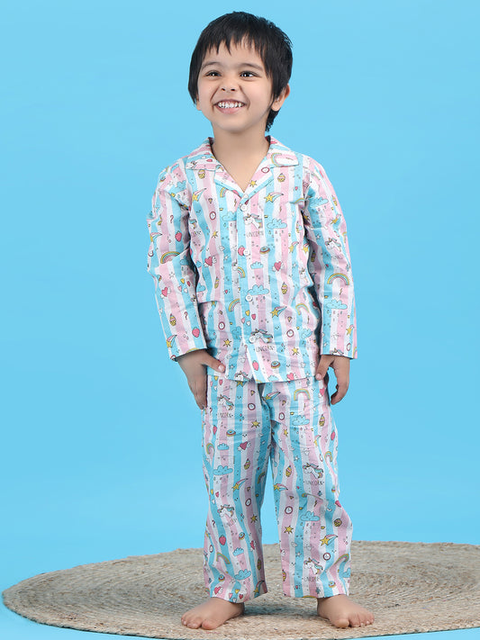Polka Tots Full sleeves Unicorn print Stripes Night suit - Pink