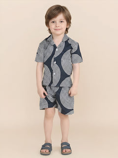 Polka Tots Half Sleeves Geometric print Co-ords - Navy