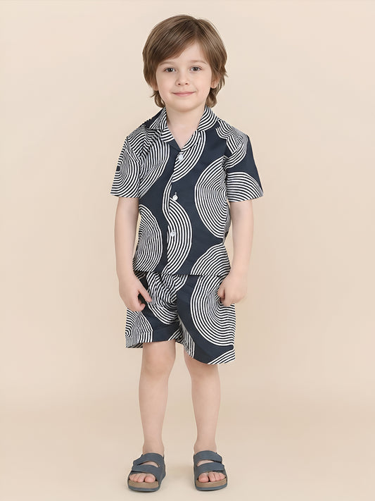 Polka Tots Half Sleeves Geometric print Co-ords - Navy