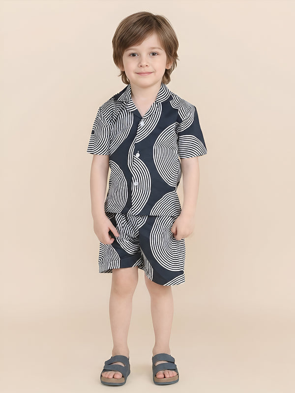 Polka Tots Half Sleeves Geometric print Co-ords - Navy