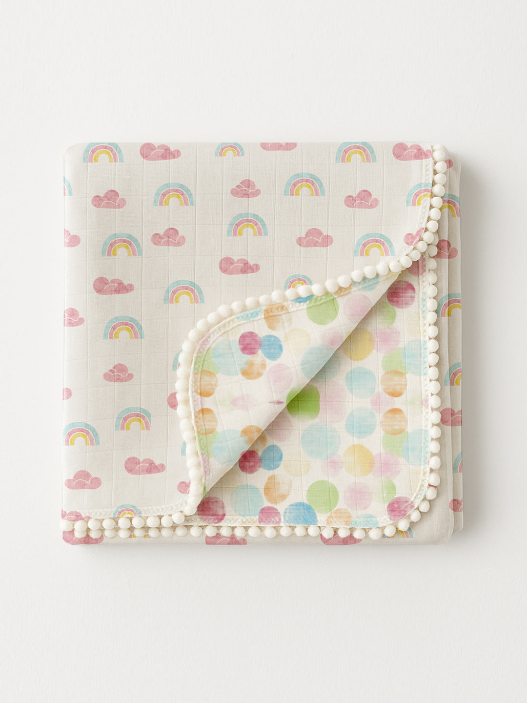 Polka Tots 100% Soft Muslin Cotton 3-Layer Reversible Baby Blanket/Dohar with Pom-Pom Lace - Rainbow Mist & Polka Dots Print