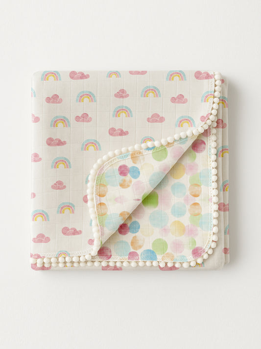 Polka Tots 100% Soft Muslin Cotton 3-Layer Reversible Baby Blanket/Dohar with Pom-Pom Lace - Rainbow Mist & Polka Dots Print