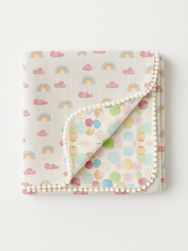 Polka Tots 100% Soft Muslin Cotton 3-Layer Reversible Baby Blanket/Dohar with Pom-Pom Lace - Rainbow Mist & Polka Dots Print