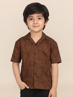Polka Tots Half Sleeves Embroidered Shirt  - Brown