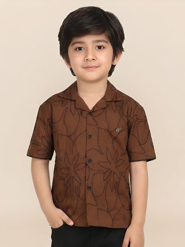 Polka Tots Half Sleeves Embroidered Shirt  - Brown