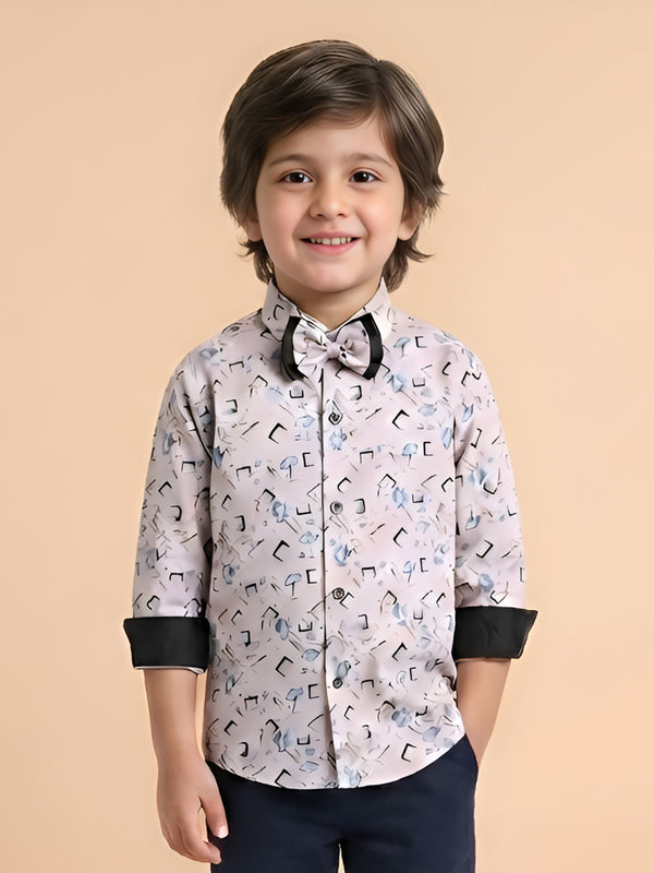Polka Tots Cotton Full Sleeves Party Wear Shirt With Dual Bow Tie All Over Print - Light Pink