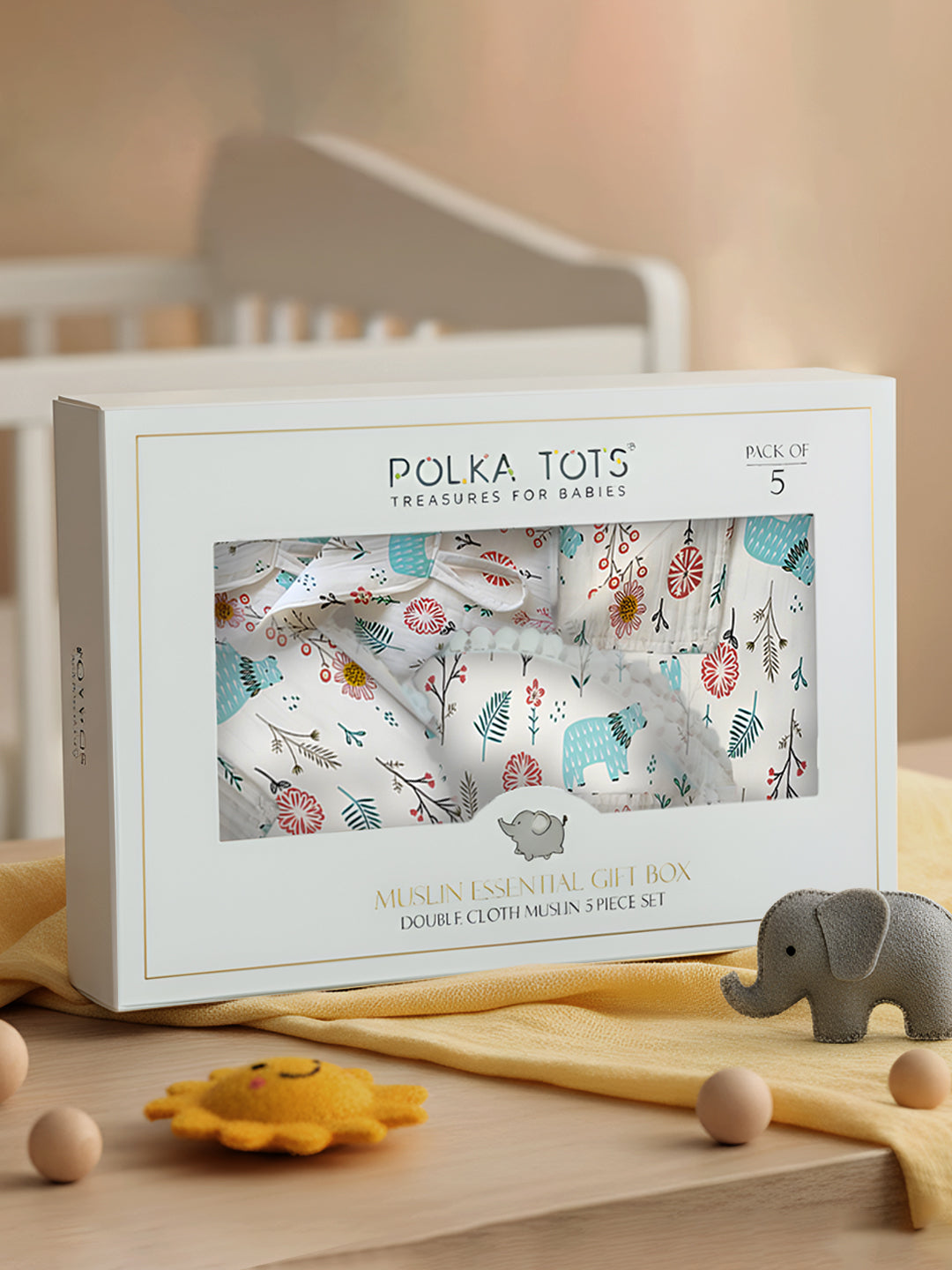 Polka Tots Newborn Pack of 5 100% Soft Double-Layer Muslin Cotton Essentials Gift Box – Bloomy Bear Print