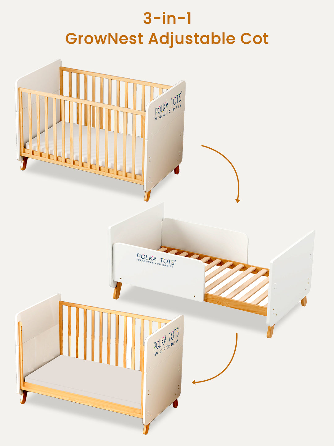 3-in-1 GrowNest Adjustable Cot with different stages of growth on a white background