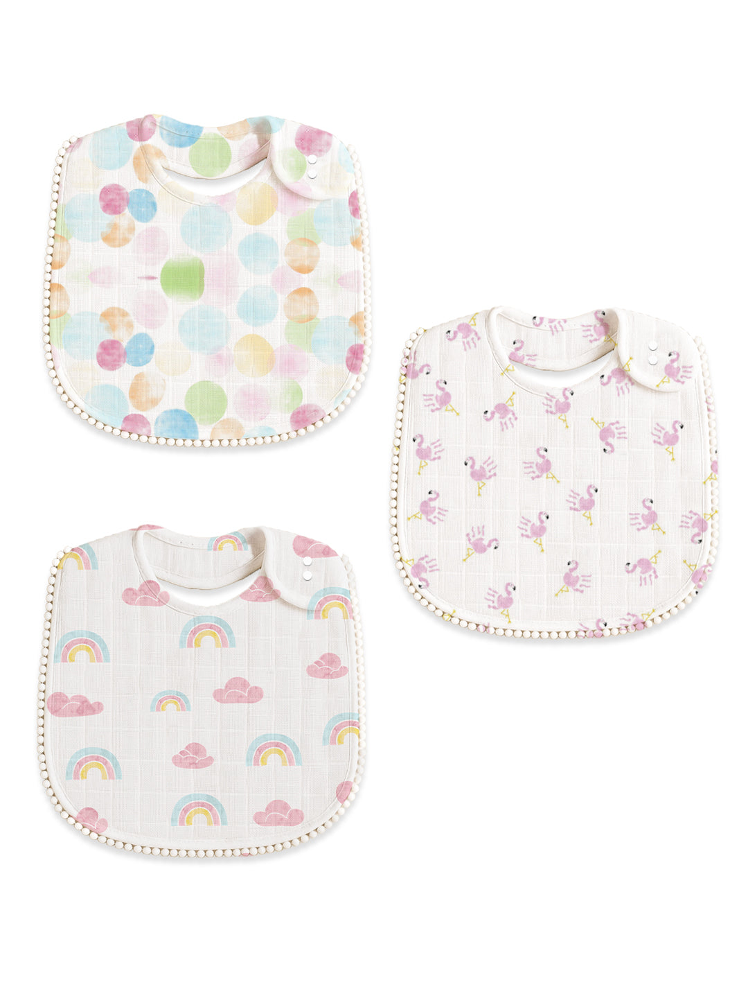 Polka Tots Newborn Pack of 3 100% Soft Muslin Cotton Bib Set with Pom-Pom Lace