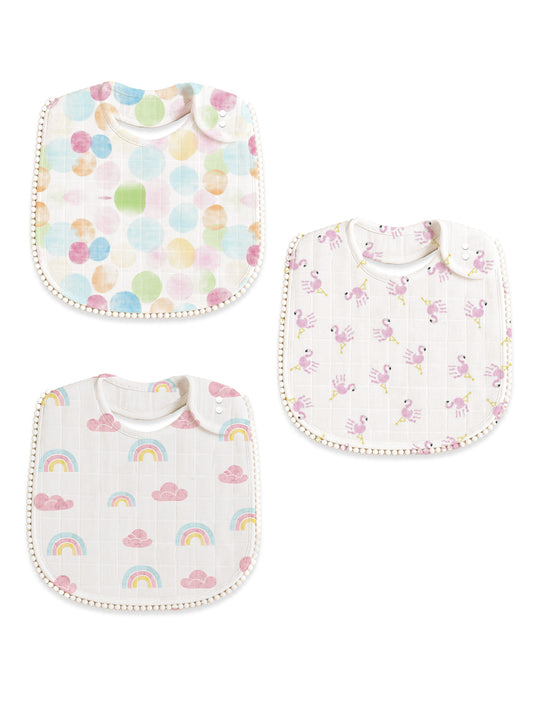 Polka Tots Newborn Pack of 3 100% Soft Muslin Cotton Bib Set with Pom-Pom Lace