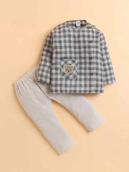 Polka Tots Soft Cotton Full-Sleeves Teddy Pocket Gingham Jhabla & Pant Set - Grey
