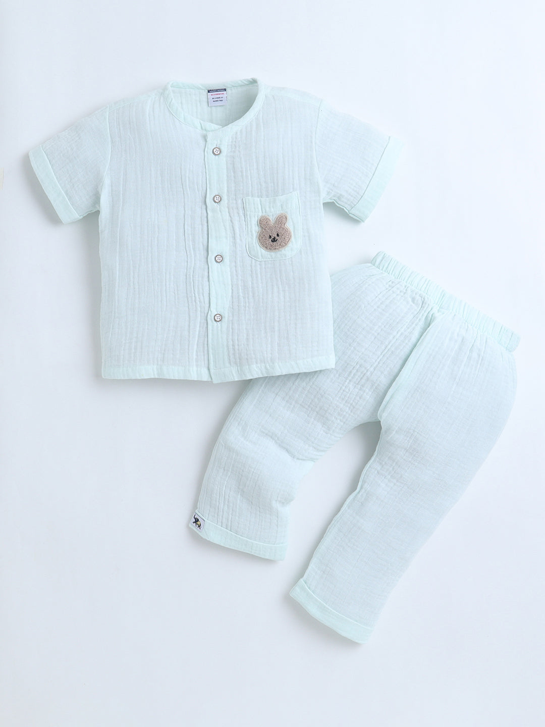 Polka Tots Crinkled Muslin Cotton Bear Pocket Patch Jhabla & Pant Set - Pastel green