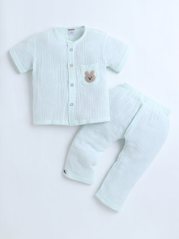 Polka Tots Crinkled Muslin Cotton Bear Pocket Patch Jhabla & Pant Set - Pastel green