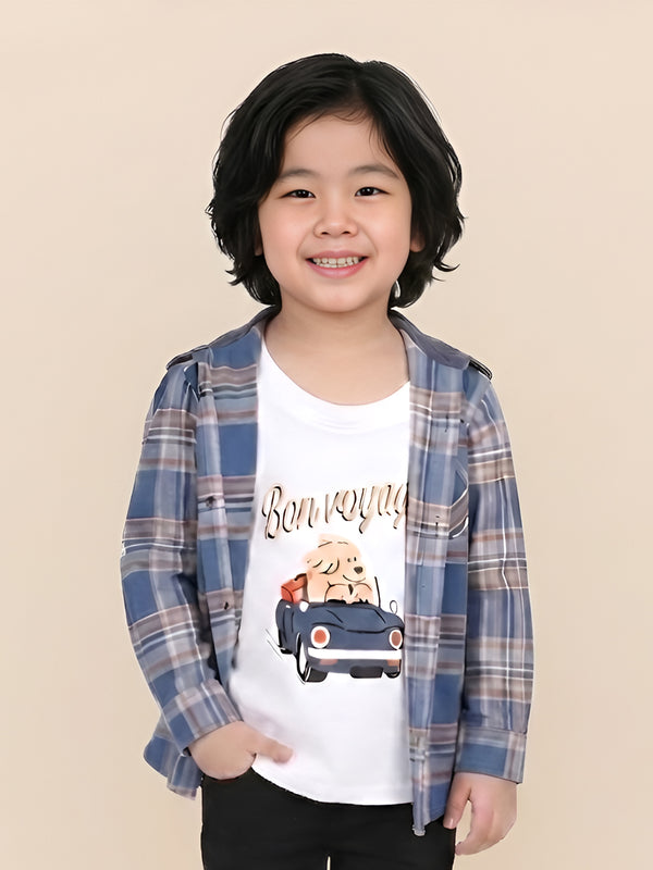 Polka Tots Full Sleeves Bon Voyage print Shirt With Attached Tshirt - Blue