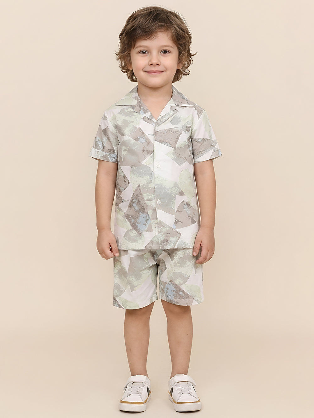 Polka Tots Cotton Half Sleeves Shirt With Shorts/Co-ord - White