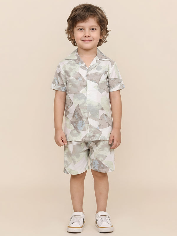 Polka Tots Cotton Half Sleeves Shirt With Shorts/Co-ord - White