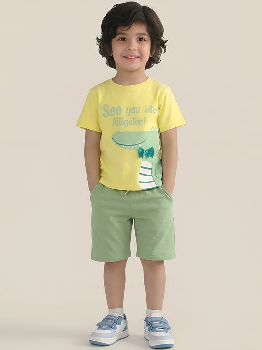 Polka Tots Half Sleeves Alligator print T-Shirt Shorts - Yellow and Green